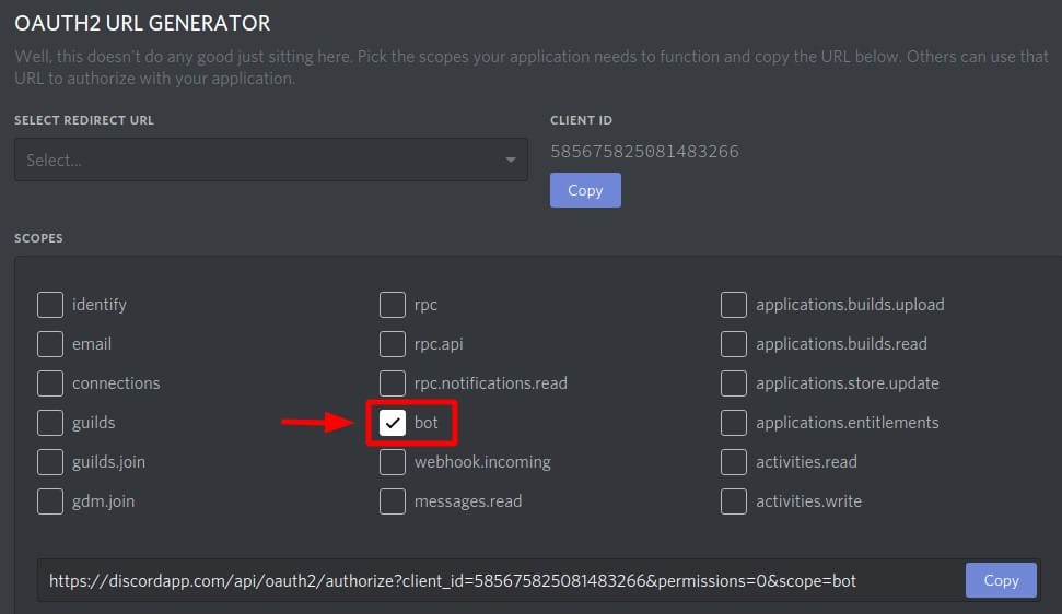 Discord Bot Token - OAuth2 URL Generator "Bot" Selection