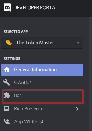 Discord Development Portal - Browse to the Bot Tab