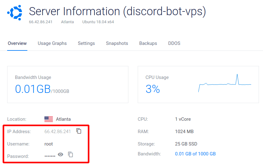 Vultr Server Information Page - Root Credentials