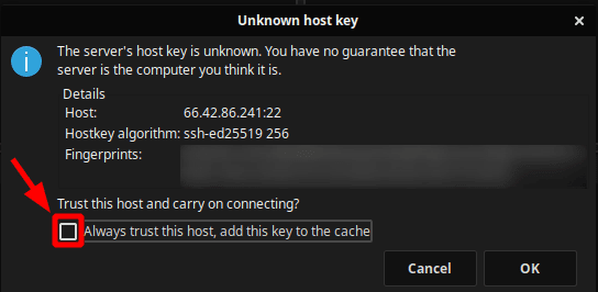 Vultr Vps Sftp Secure File Transfer Protocol Filezilla Connection - Unknown Host Key Dialog Box (Certificate)